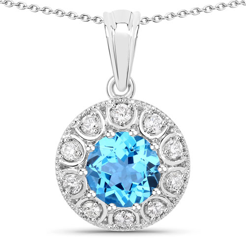 Pendants-2.60 Carat Genuine Swiss Blue Topaz and Lab Grown Diamond .925 Sterling Silver Pendant