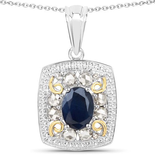 2.17 Carat Genuine Blue Sapphire and White Diamond .925 Sterling Silver Pendant