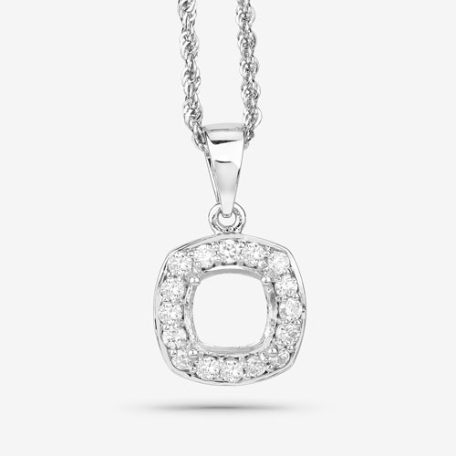0.48 Carat Genuine White Diamond 14K White Gold Semi Mount Pendant - holds 8x8mm Cushion Gemstone
