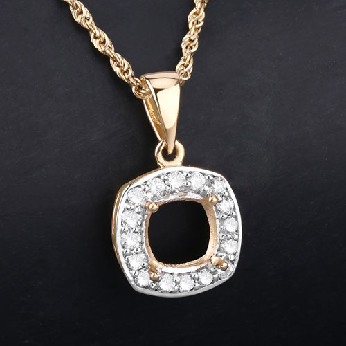0.48 Carat Genuine White Diamond 14K Yellow Gold Semi Mount Pendant - holds 8x8mm Cushion Gemstone
