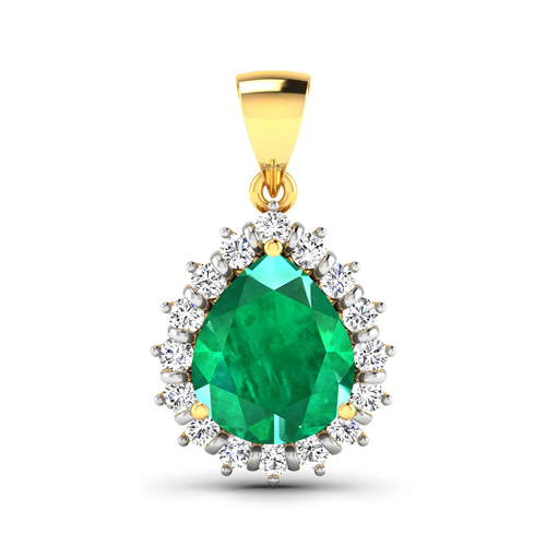 Emerald-3.33 Carat Genuine Zambian Emerald  and White Diamond 14K Yellow Gold Pendant