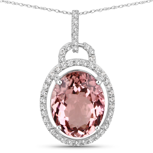 Pendants-3.90 Carat Genuine Pink Tourmaline and White Diamond 14K White Gold Pendant