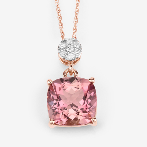 3.27 Carat Genuine Pink Tourmaline and White Diamond 14K Rose Gold Pendant