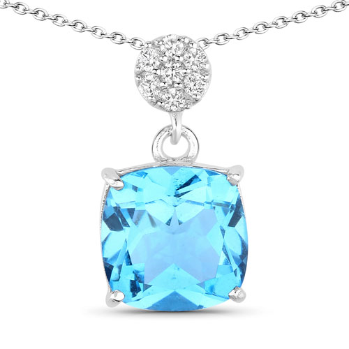 Pendants-3.47 Carat Genuine Swiss Blue Topaz and Lab Grown Diamond .925 Sterling Silver Pendant
