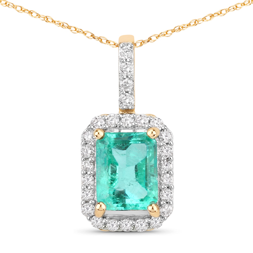 Emerald-1.06 Carat Genuine Columbian Emerald and White Diamond 14K Yellow Gold Pendant