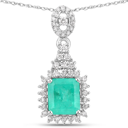 Emerald-1.39 Carat Genuine Columbian Emerald and White Diamond 14K White Gold Pendant