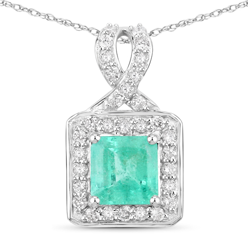 Emerald-1.42 Carat Genuine Columbian Emerald and White Diamond 14K White Gold Pendant