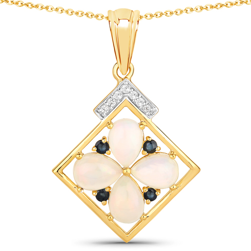 Opal-1.63 Carat Genuine Ethiopian Opal, Blue Sapphire and White Topaz .925 Sterling Silver Pendant