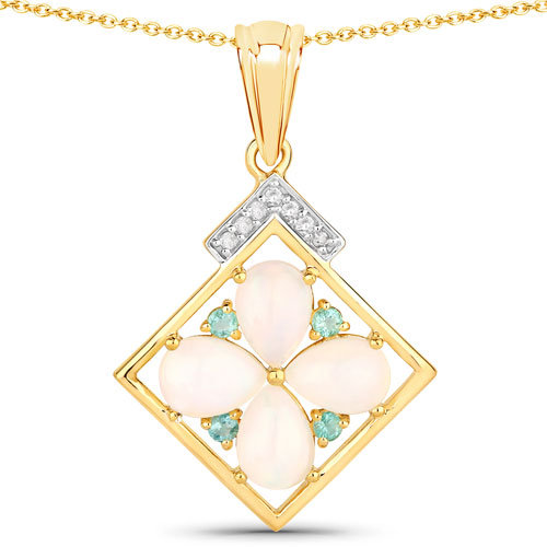 Opal-1.58 Carat Ethiopian Opal, Zambian Emerald and White Diamond and .925 Sterling Silver Pendant