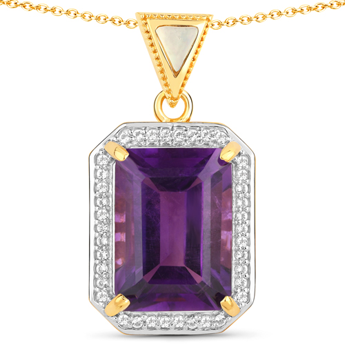 Amethyst-7.33 Carat Genuine Amethyst, Mother Of Pearl and White Topaz .925 Sterling Silver Pendant
