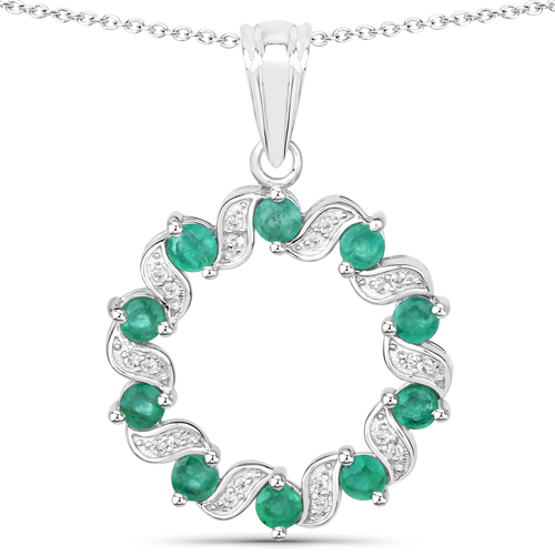 Emerald-1.10 Carat Genuine Emerald and White Topaz .925 Sterling Silver Pendant