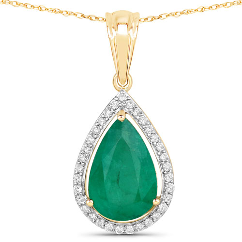 Emerald-4.48 Carat Genuine Zambian Emerald and White Diamond 14K Yellow Gold Pendant