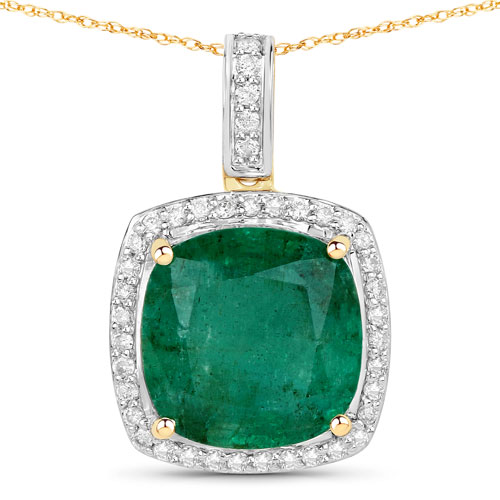 Emerald-5.53 Carat Genuine Zambian Emerald and White Diamond 14K Yellow Gold Pendant
