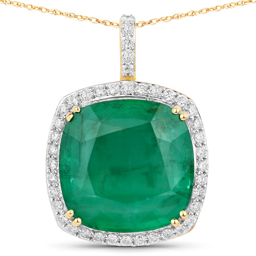 Emerald-7.35 Carat Genuine Zambian Emerald and White Diamond 14K Yellow Gold Pendant