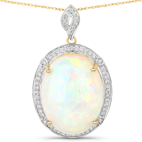 Opal-27.95 Carat Genuine Ethiopian Opal and White Diamond 14K Yellow Gold Pendant