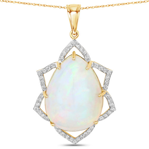 Opal-22.54 Carat Genuine Ethiopian Opal and White Diamond 14K Yellow Gold Pendant