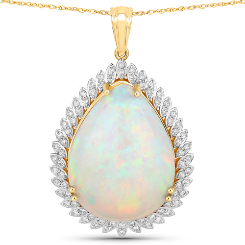 Opal-27.31 Carat Genuine Ethiopian Opal and White Diamond 14K Yellow Gold Pendant