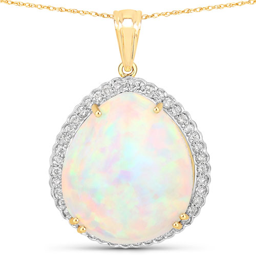 Opal-28.18 Carat Genuine Ethiopian Opal and White Diamond 14K Yellow Gold Pendant