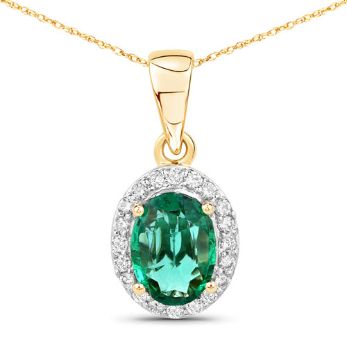 Emerald-1.23 Carat Genuine Zambian Emerald and White Diamond 14K Yellow Gold Pendant