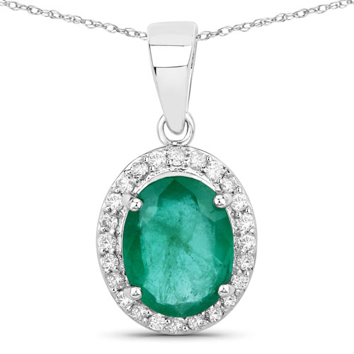 Emerald-1.58 Carat Genuine Zambian Emerald and White Diamond 14K White Gold Pendant