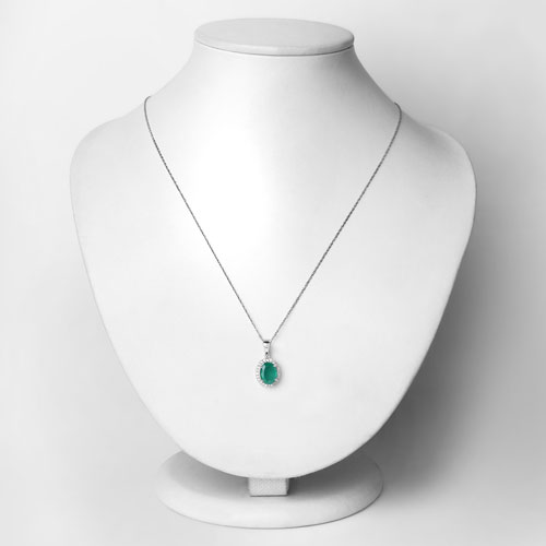 1.58 Carat Genuine Zambian Emerald and White Diamond 14K White Gold Pendant