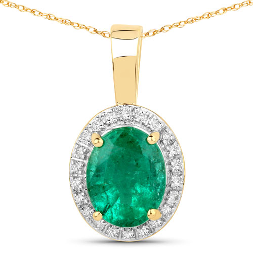 Emerald-1.82 Carat Genuine Zambian Emerald and White Diamond 14K Yellow Gold Pendant