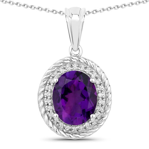 Amethyst-3.36 Carat Genuine Amethyst and Lab Grown Diamond .925 Sterling Silver Pendant