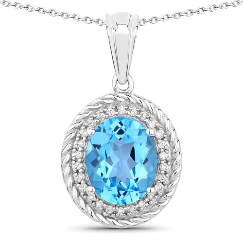 Pendants-4.16 Carat Genuine Swiss Blue Topaz and Lab Grown Diamond .925 Sterling Silver Pendant