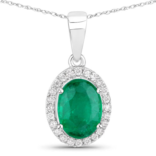 Emerald-1.31 Carat Genuine Zambian Emerald and White Diamond 14K White Gold Pendant