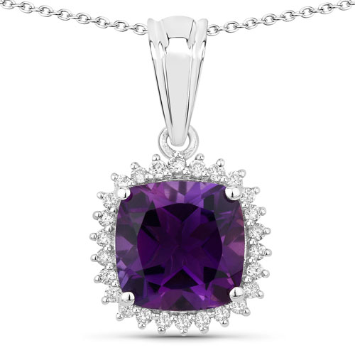 Amethyst-2.80 Carat Genuine Amethyst and Lab Grown Diamond .925 Sterling Silver Pendant