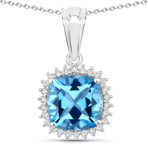 Pendants-3.60 Carat Genuine Swiss Blue Topaz and Lab Grown Diamond .925 Sterling Silver Pendant