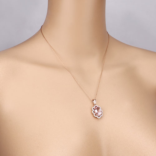 5.49 Carat Genuine Morganite and White Diamond 14K Rose Gold Pendant