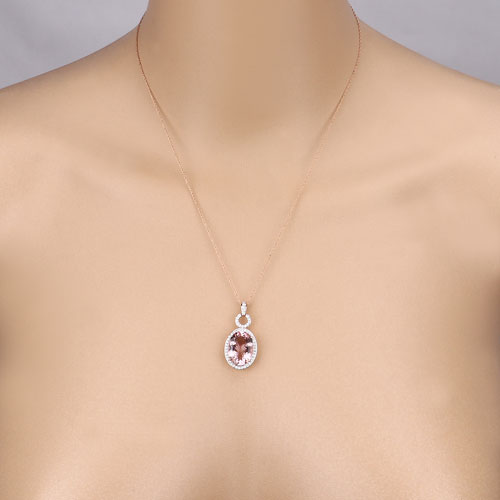 6.80 Carat Genuine Morganite and White Diamond 14K Rose Gold Pendant