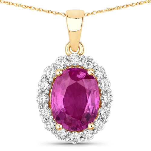 Sapphire-3.71 Carat Genuine Pink Sapphire and White Diamond 14K Yellow Gold Pendant