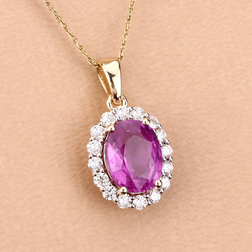 3.71 Carat Genuine Pink Sapphire and White Diamond 14K Yellow Gold Pendant