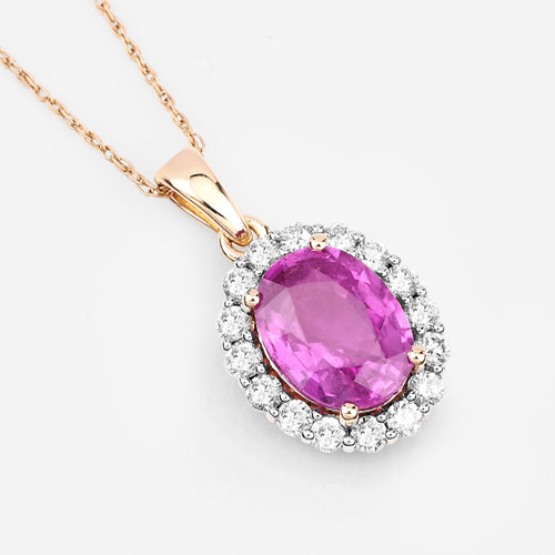 3.71 Carat Genuine Pink Sapphire and White Diamond 14K Yellow Gold Pendant