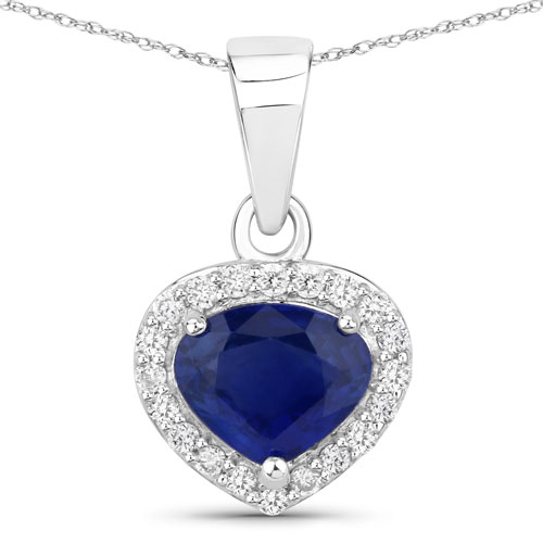 Sapphire-1.09 Carat Genuine Blue Sapphire and White Diamond 14K White Gold Pendant