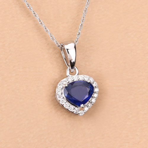 1.09 Carat Genuine Blue Sapphire and White Diamond 14K White Gold Pendant
