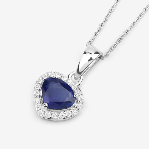 1.09 Carat Genuine Blue Sapphire and White Diamond 14K White Gold Pendant