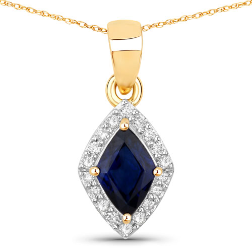 Sapphire-0.92 Carat Genuine Blue Sapphire and White Diamond 14K Yellow Gold Pendant