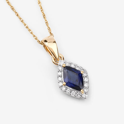 0.92 Carat Genuine Blue Sapphire and White Diamond 14K Yellow Gold Pendant