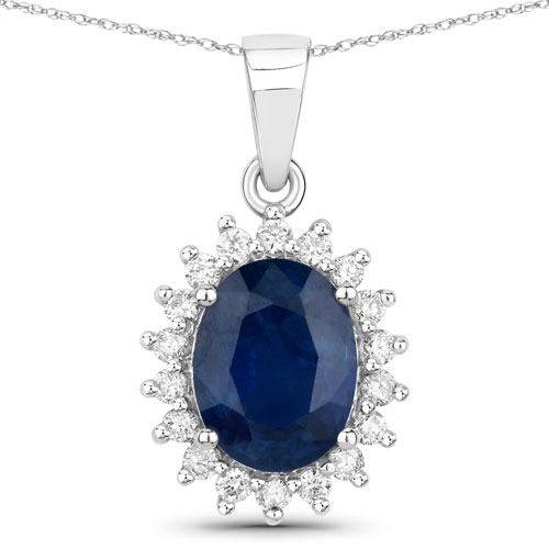 Sapphire-2.51 Carat Genuine Blue Sapphire and White Diamond 14K White Gold Pendant
