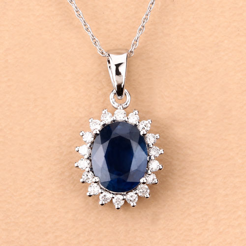 2.51 Carat Genuine Blue Sapphire and White Diamond 14K White Gold Pendant