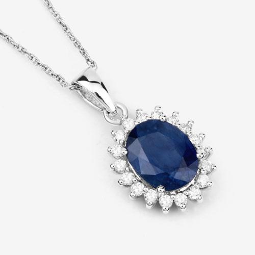 2.51 Carat Genuine Blue Sapphire and White Diamond 14K White Gold Pendant