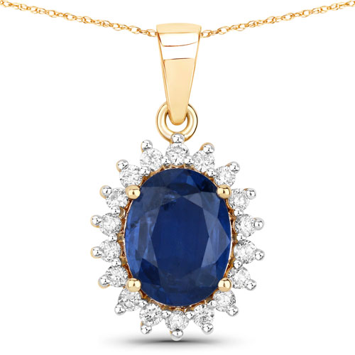 Sapphire-2.51 Carat Genuine Blue Sapphire and White Diamond 14K Yellow Gold Pendant