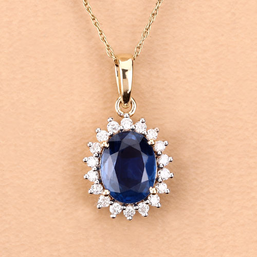 2.51 Carat Genuine Blue Sapphire and White Diamond 14K Yellow Gold Pendant