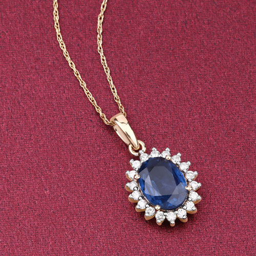 2.51 Carat Genuine Blue Sapphire and White Diamond 14K Yellow Gold Pendant