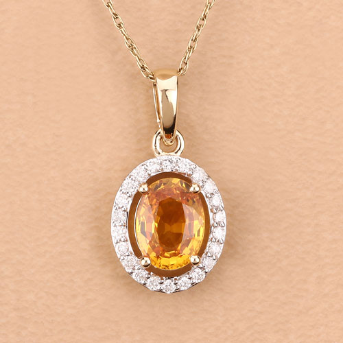 1.78 Carat Genuine Yellow Sapphire and White Diamond 14K Yellow Gold Pendant