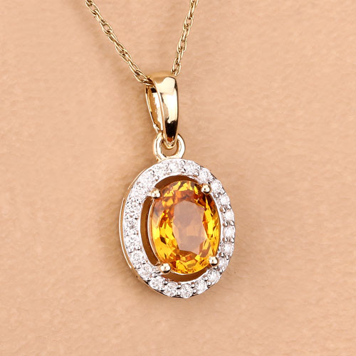 1.78 Carat Genuine Yellow Sapphire and White Diamond 14K Yellow Gold Pendant
