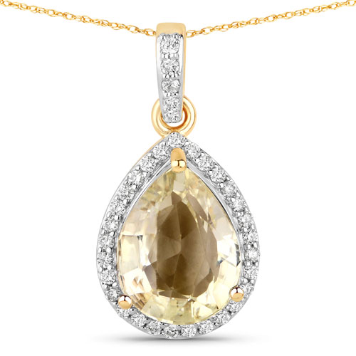 Sapphire-4.08 Carat Genuine Yellow Sapphire and White Diamond 14K Yellow Gold Pendant
